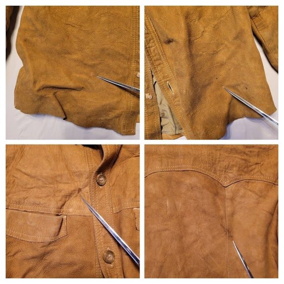 Vintage Robert Lewis Idea Heavy Leather Jacket Tan Distressed Men's Size 40 - Picture 10 of 16
